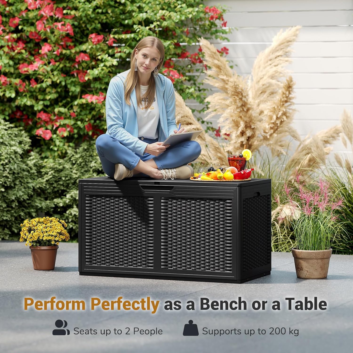 Coffre de Rangement Extérieur Étanche 380 L, Coffre Banc Jardin Exterieur avec 2 Roues, Charge 200KG (Noir,111x56x61-380L) - 7