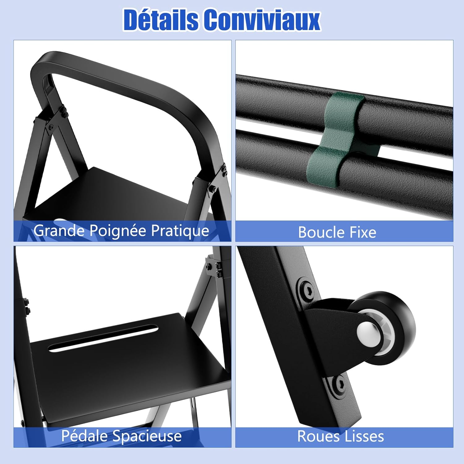 Escabeau Pliable à 3 Marches, Chariot Echelle 2 en 1 avec 2 Roues en Caoutchouc, Chariot Utilitaire en Fer, Charge 250Kg, Noir - 4