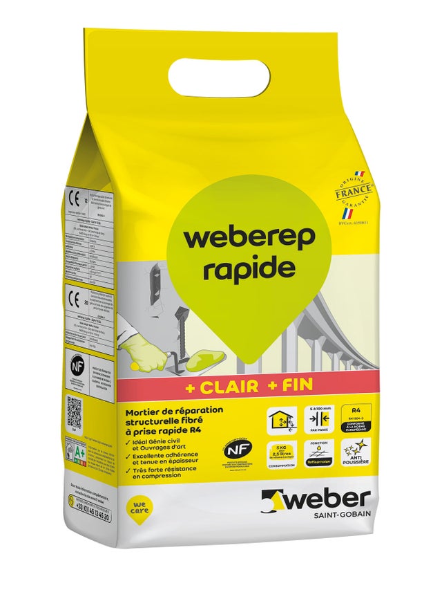 Mortier de réparation fibré à prise rapide, 5kg, Weberep rapide, WEBER