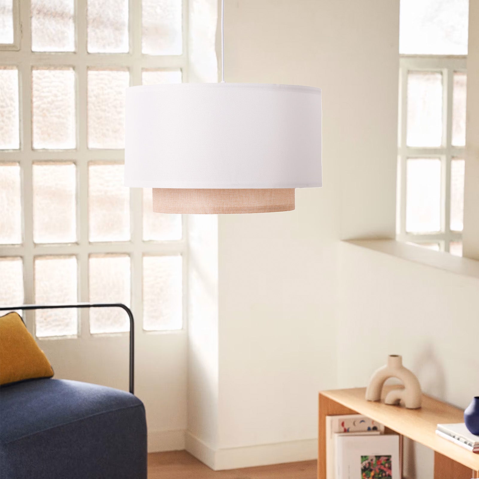 Lámpara Colgante Techo con Pantalla Textil Blanco y Ratan Ø 40 cm 