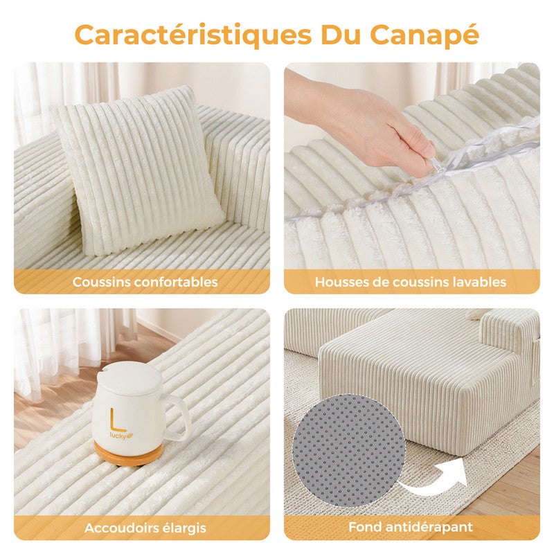 DRIPEX Canapé d'angle droit en velours côtelé avec 4 coussins,Canapé Modulable 4 places avec méridienne en L,261×156×80cm,Beige - 9