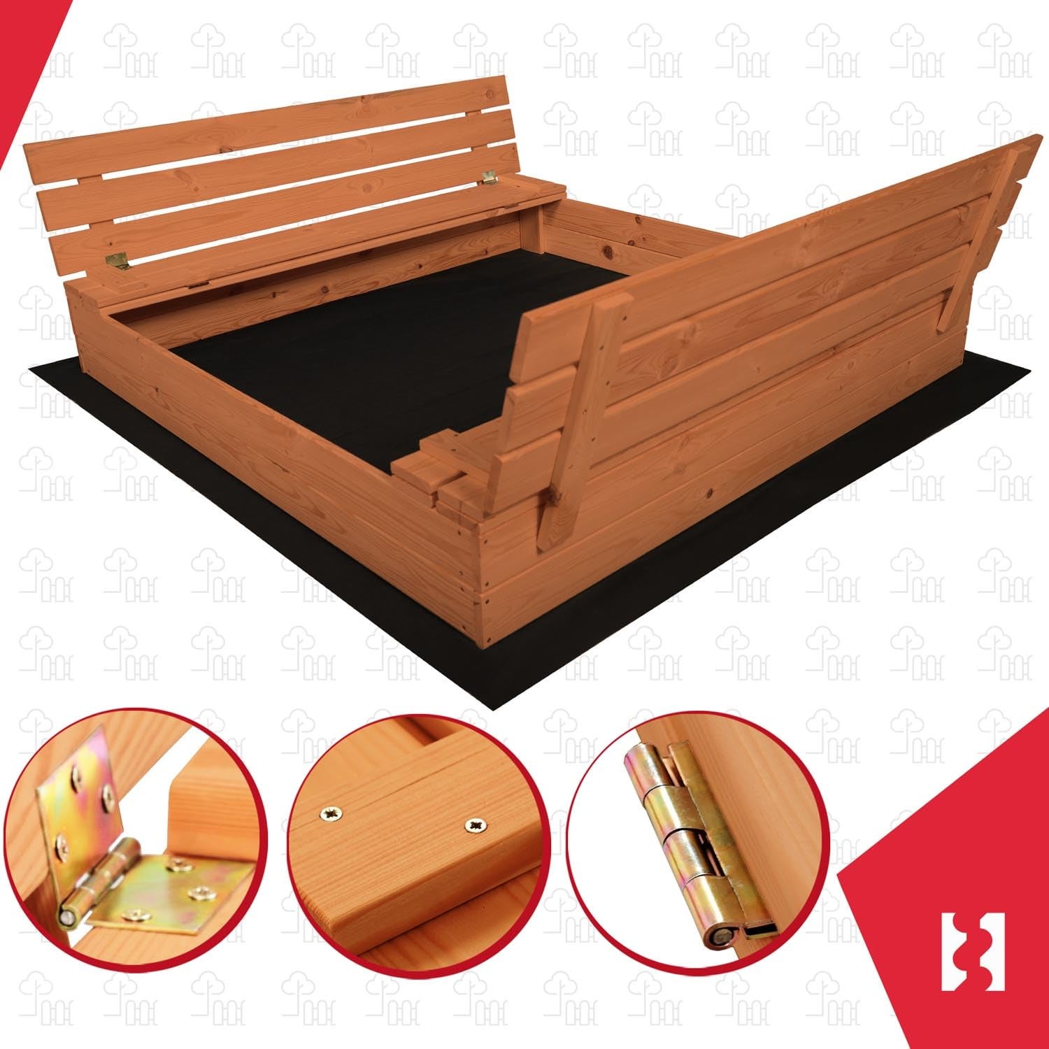 KOTARBAU Bac à Sable Enfant Extérieur Bois 140 x 140 cm Marron avec Couvercle et Bancs Bac à Sable Refermable Imprégné Avec Tissu - 6