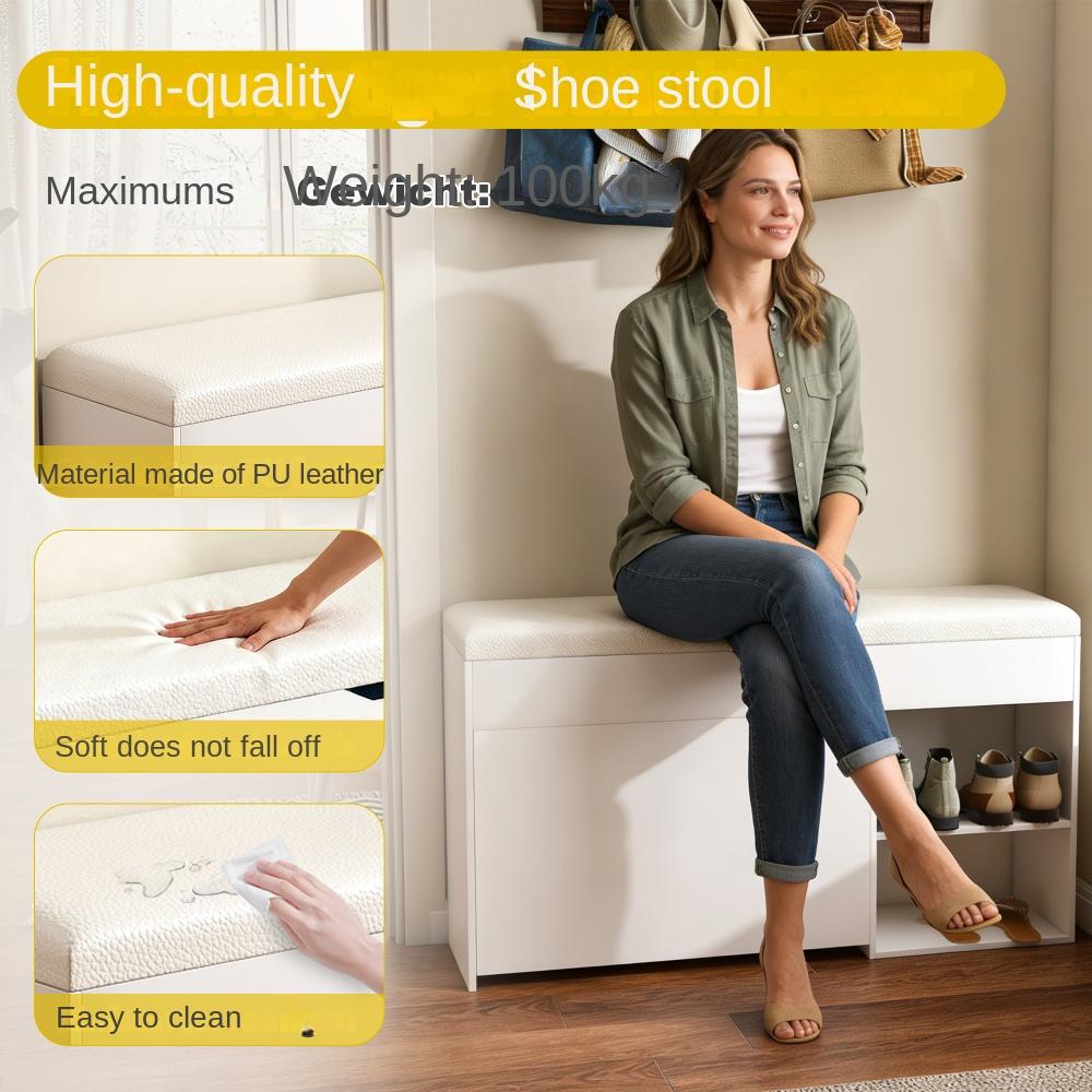 Banc à chaussures MDF blanc 100x30x52 cm avec rangement secret, design moderne minimaliste, coussin PU confortable - 8