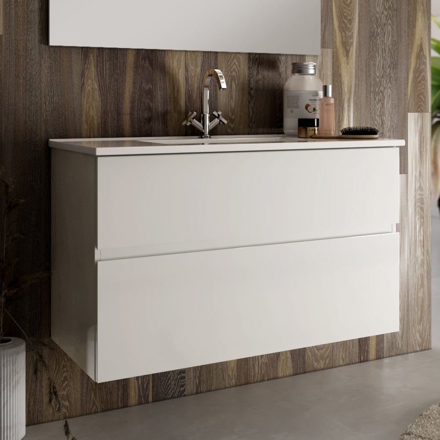 Meuble de salle de bain simple vasque - 2 tiroirs - MIG et miroir Led VELDI - blanc - 80cm - 2