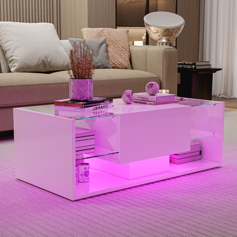 Table basse, Table basse salon LED avec espace de rangement, Table brillante avec étagère en verre, 100L x 50B x 35H cm - 6