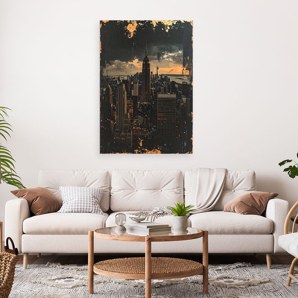 Obraz do salonu biura, Nowy Jork Skyline miasto w stylu retro czarno złoty 70x100 - 2