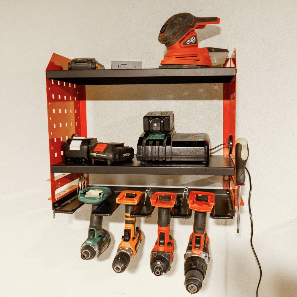 Étagère Murale Rangement Outils Électroportatifs - pour Perceuse - Meuleuse - 4 emplacements - Passage pour Câbles - 45kg - 5