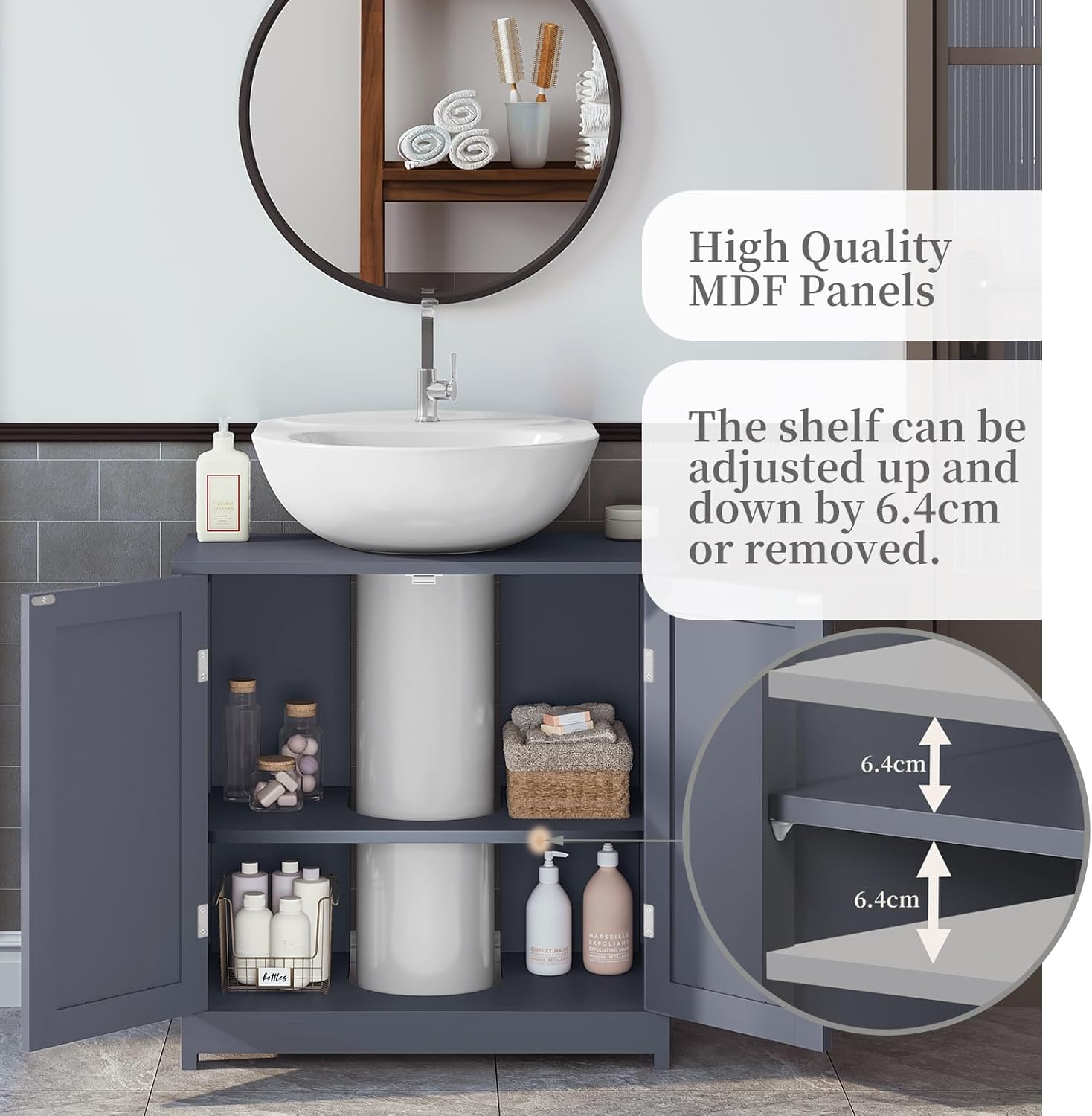 Meuble de salle de bain - Meuble sous lavabo en bois - Meuble de rangement - Armoire de salle de bain - en MDF - 60x60x30cm - Gris - WOLTU - 6