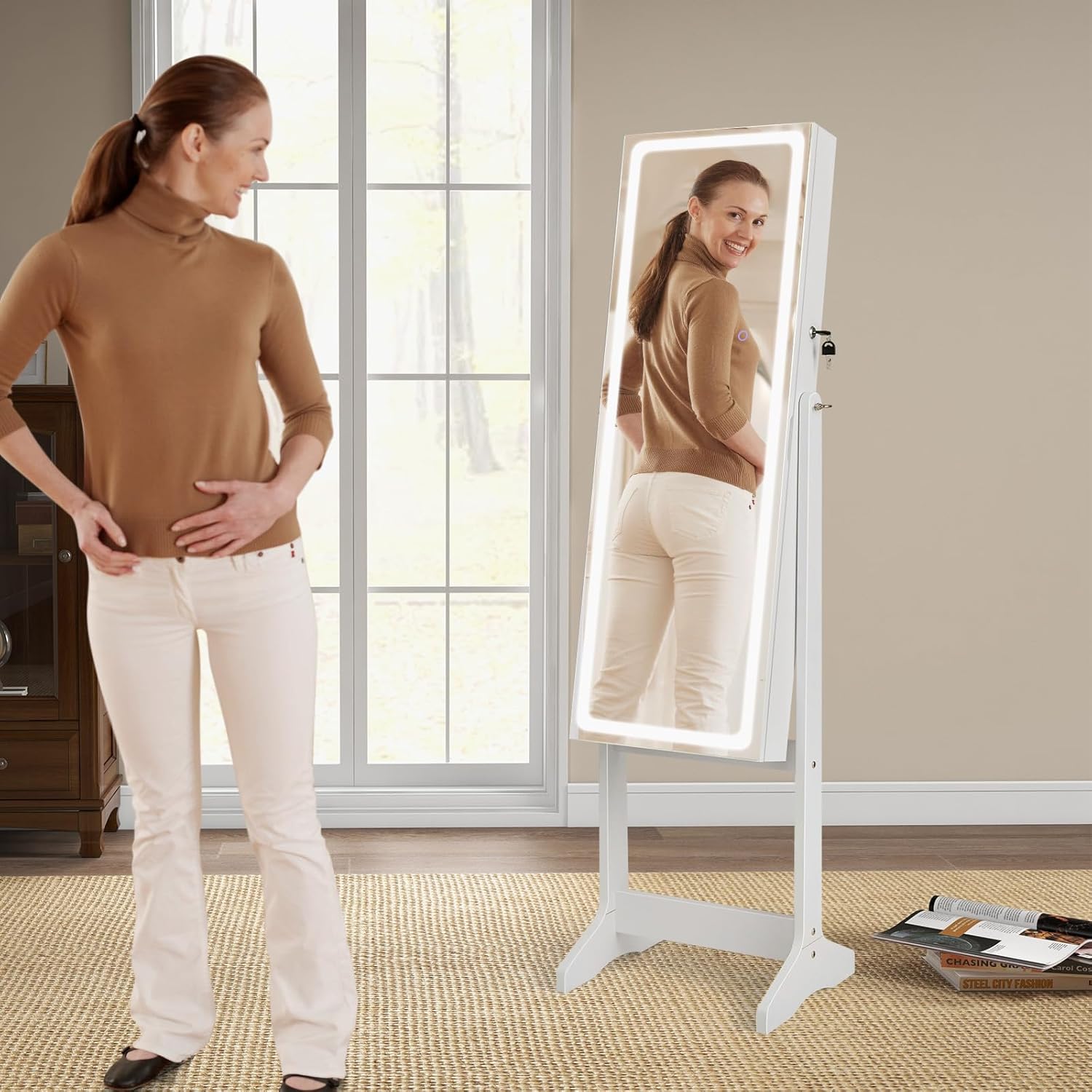 Armoire à Bijoux avec Miroir, Armoire de Rangement sur Pied pour Boucles d'Oreilles, Organisateur de Bijoux Verrouillable avec Lumières(Blanc) - 8