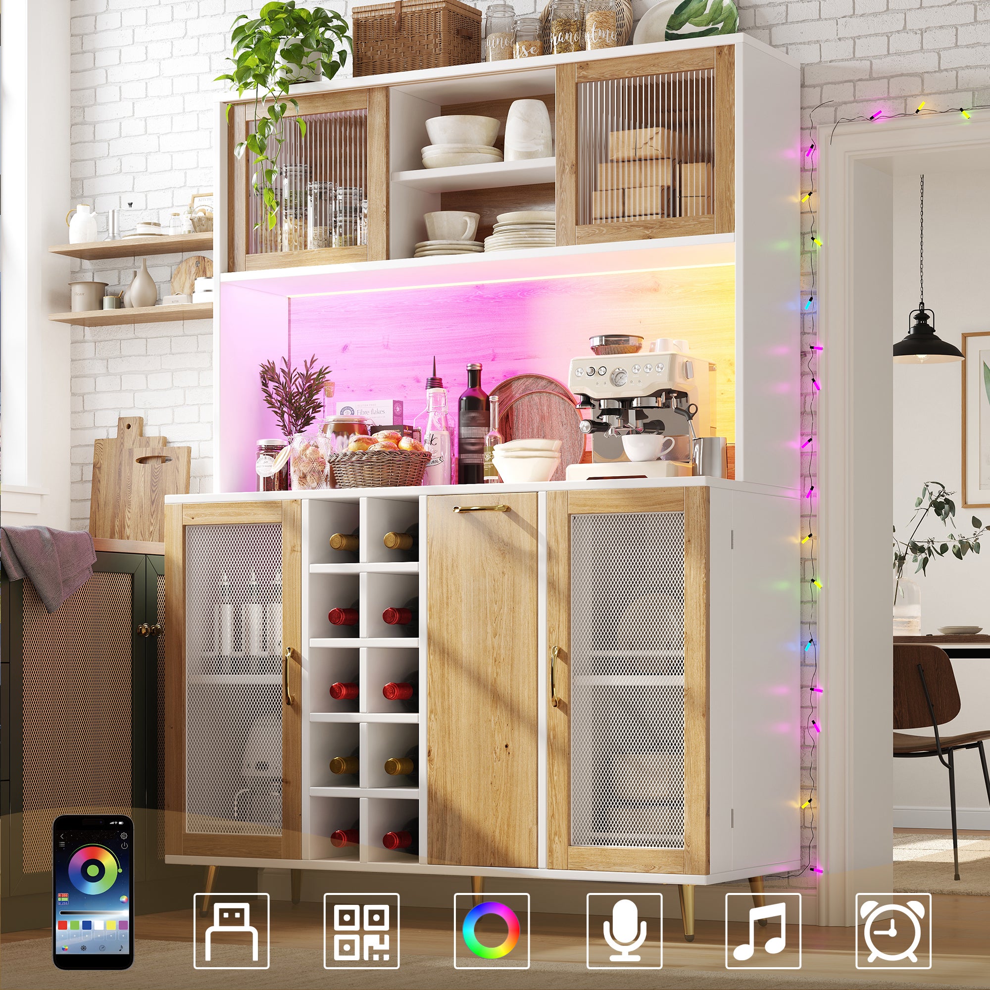 Wysoka komoda kuchenna z 5 drzwiami, półką na przekąski i stojakiem na butelki - 120 x 40 x 170 cm - diody LED - płyta MDF - biel i drewno