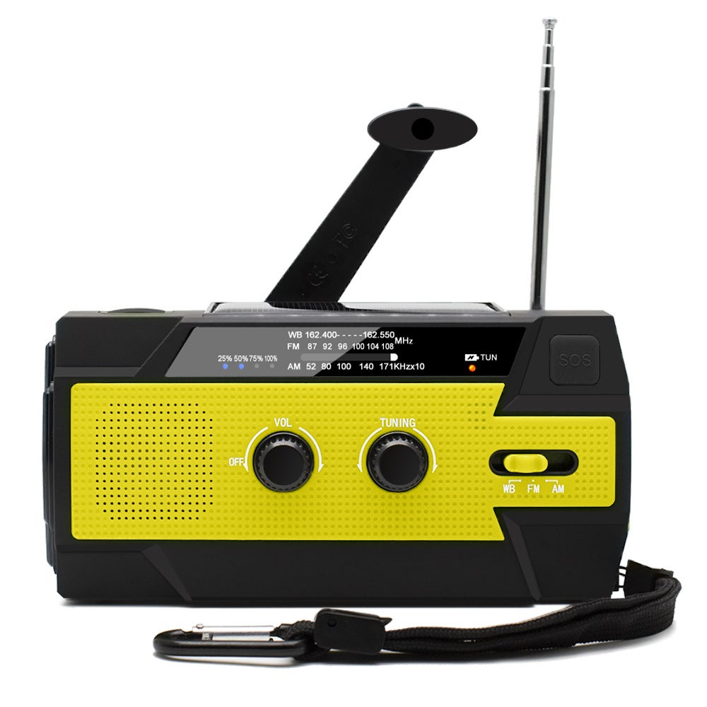 Przenośne radio solarne na korbkę, ładowalne, AM/FM/WB, wbudowany akumulator 4000 mAh, latarka, alarm SOS, żółte