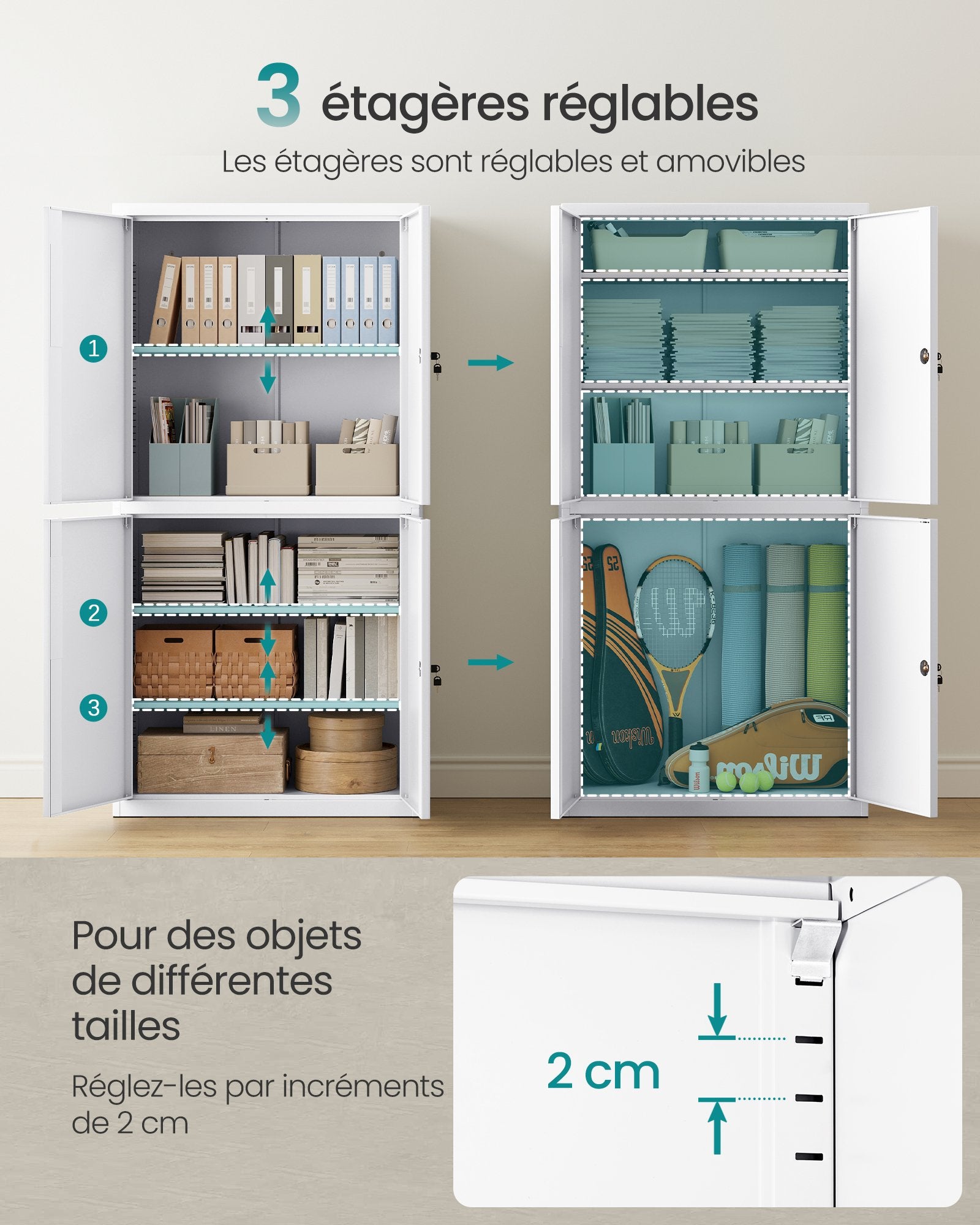 Armoire de Garage à 5 Étagères avec 4 Portes, Armoire de Bureau, 40 x 80 x 180 cm, 2 Serrures, Étagères Réglables, en Métal, Blanc Mat - 4