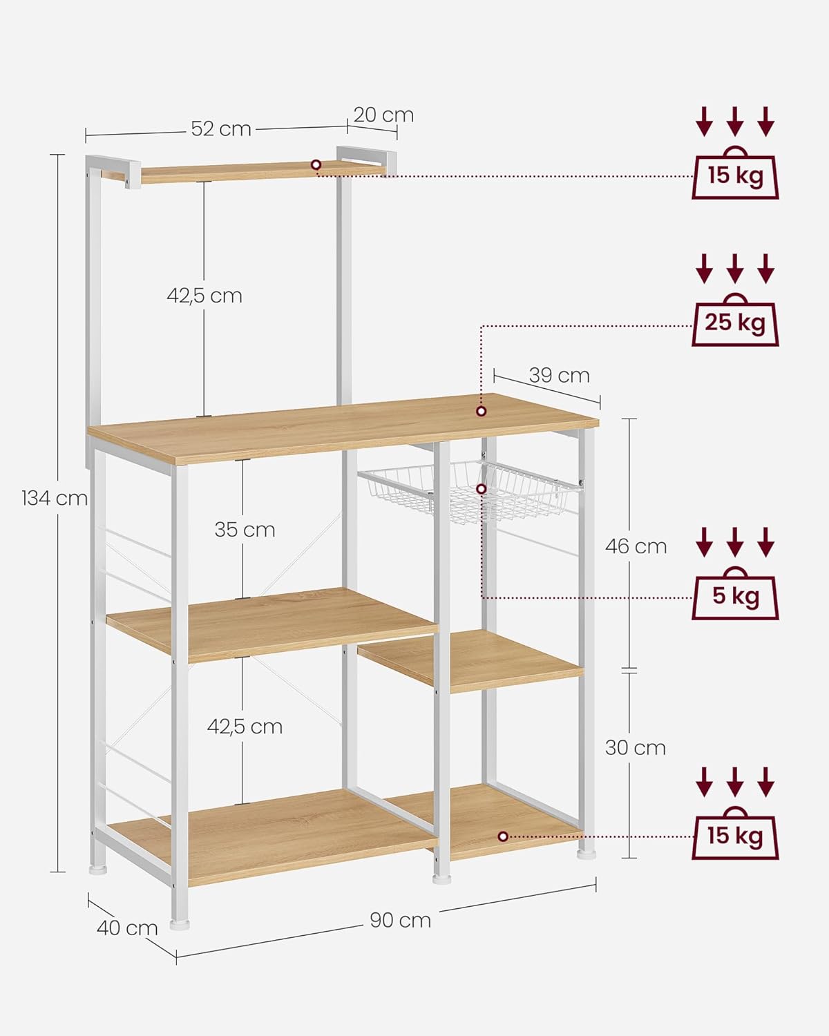 Scaffale da cucina con cestino in metallo, 6 ganci, per spezie, pentole e padelle, moderno, rovere beige e bianco - 6
