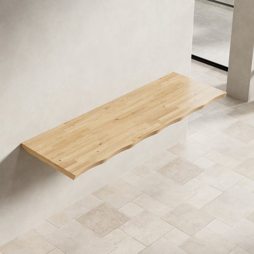 Plan de travail en bois massif 140 cm pour meuble vasque, bords ondulés, sans perçage ni supports - 7
