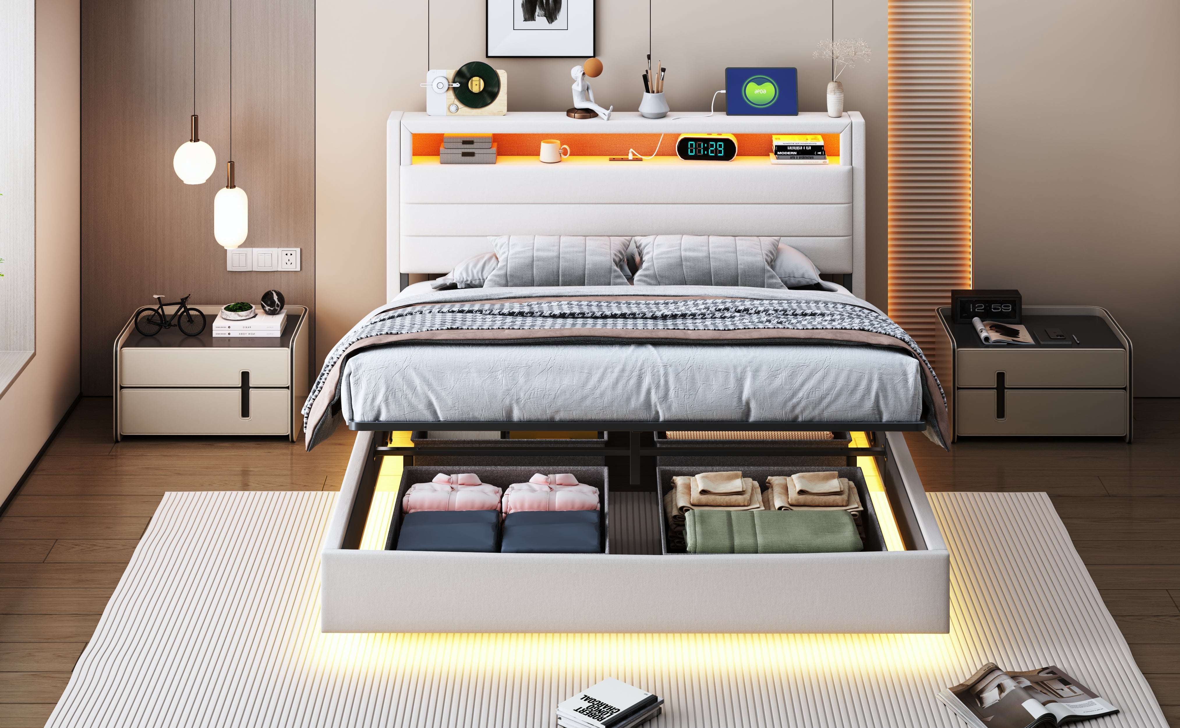 Cama canapé de 140 x 200 cm con cabecero y espacio de almacenaje - Puerto USB y LED - Tejido de lino - Beige (sin colchón) - 8
