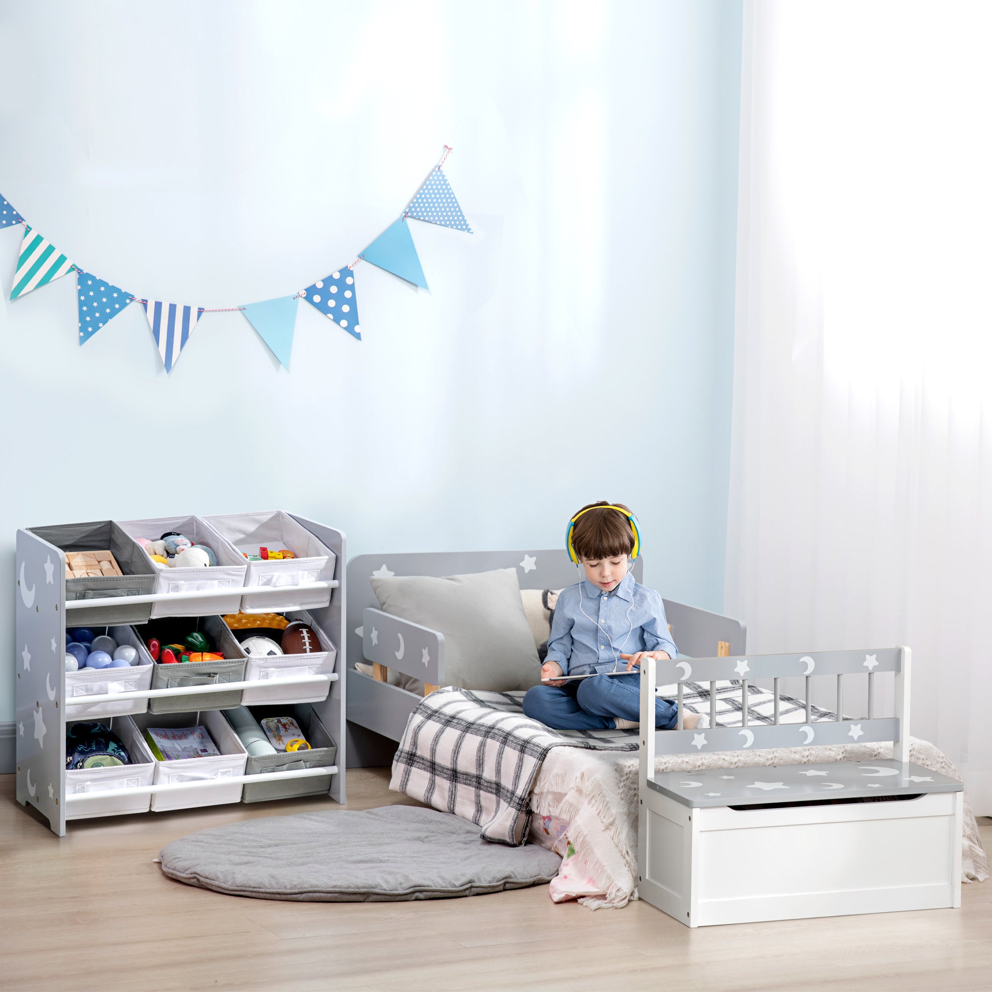 ZONEKIZ Cassapanca Moderna Portagiochi 2 in 1, Sedia per Bambini con Leva a Gas, in MDF e Legno di Pino, 60x30x50 cm, Bianco e Grigio - 9