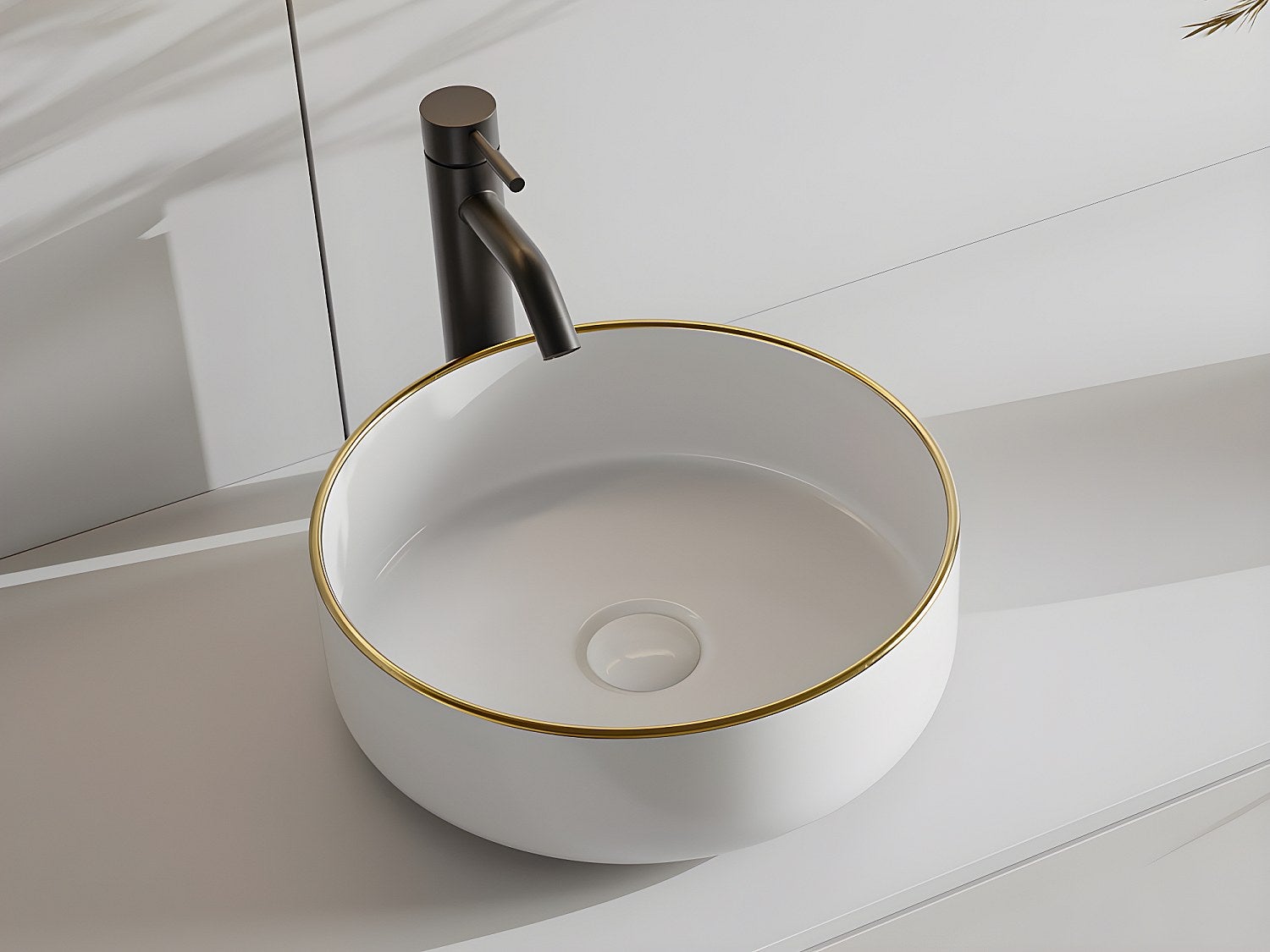 Umywalka nablatowa okrągła ceramiczna - Biały ze złotym brzegiem - 36 cm - LENISO II