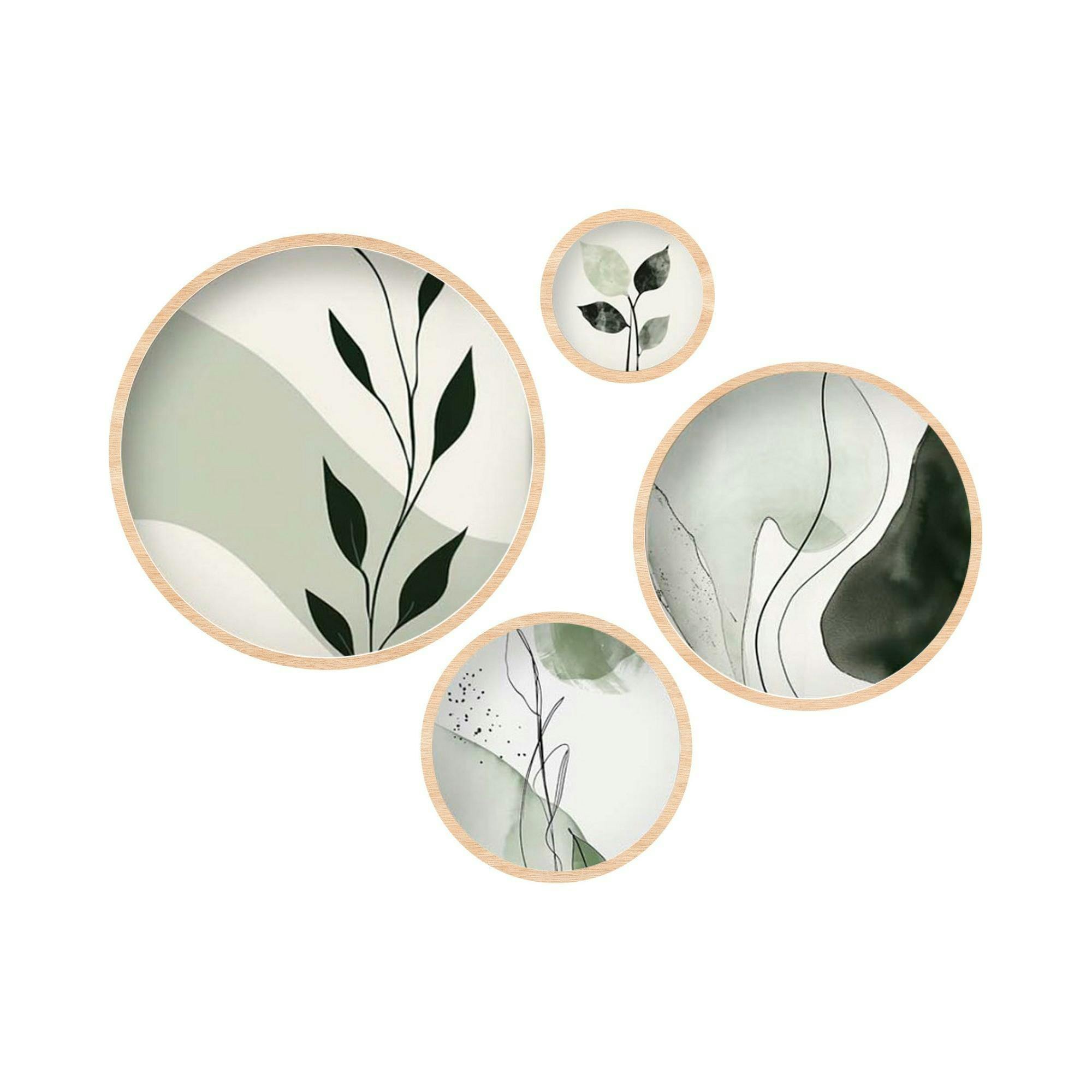 Tableau rond nature vert et blanc – cadre bois (set de 4) - 2