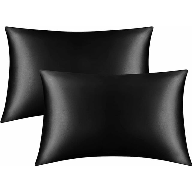 Lot de 2 Taies Oreiller Satin, Taille Standard 50 x 75 cm, Protège Les Cheveux et La Peau, Hypoallergénique et Respirant Anti-acariens(Noir)