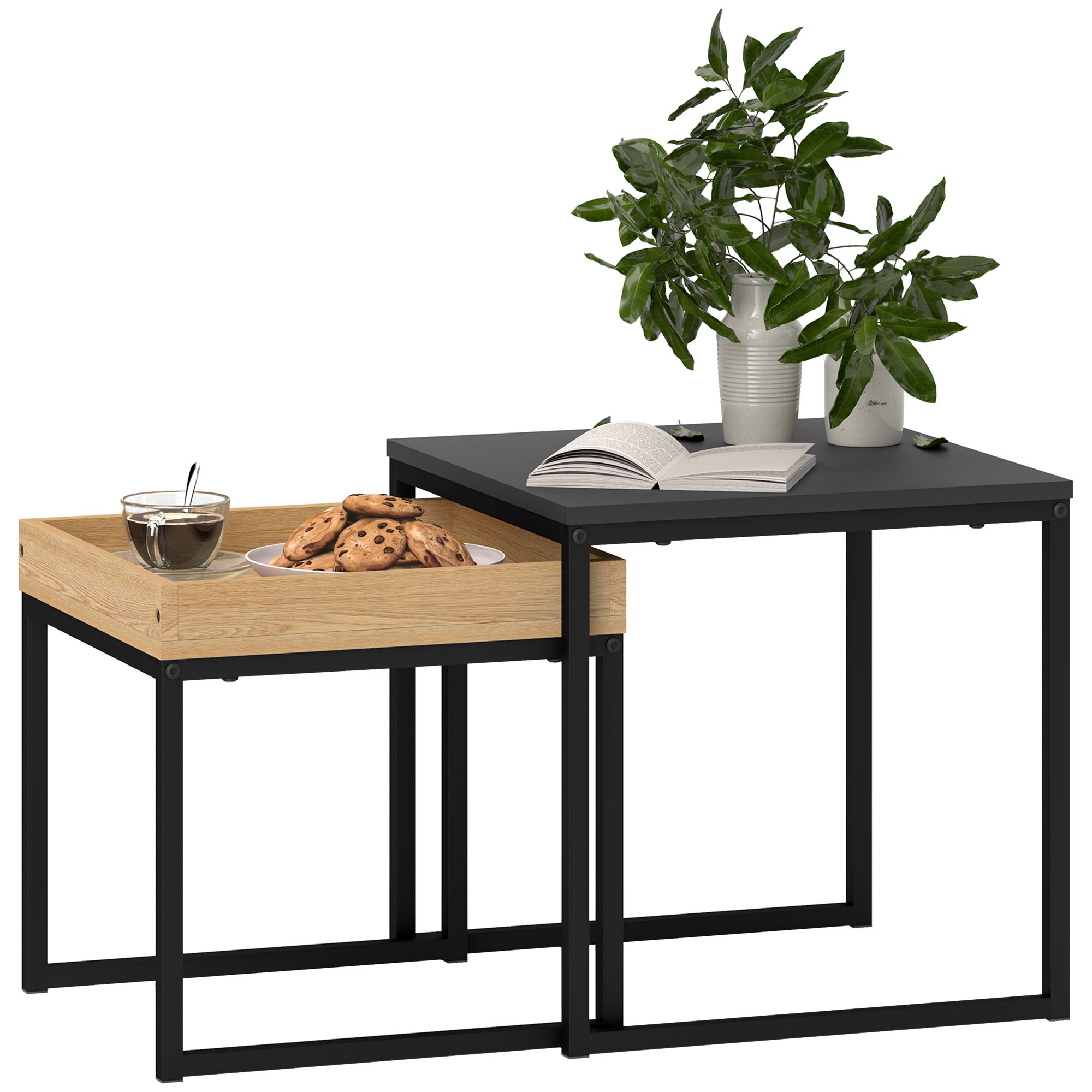 Essenza  Conjunto 2 Mesas Auxiliares Salón Estructura Acero Roble 45X45x45cm Negro , Leroy Merlin