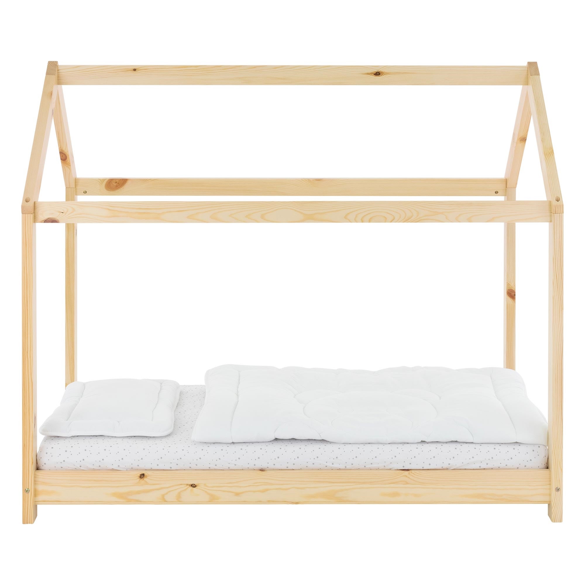 Lit cabane enfant 80x160 cm naturel bois de pin massif avec matelas, toit et sommier à lattes, couchage au sol maisonnette chambre - 3