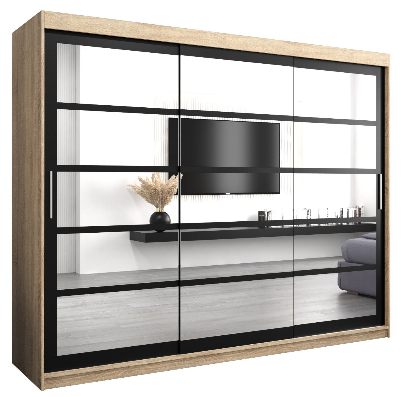 Szafa przesuwna garderoba ROMA 2 250 x 62 x 200 cm Sonoma + Czarny - Abiks Meble