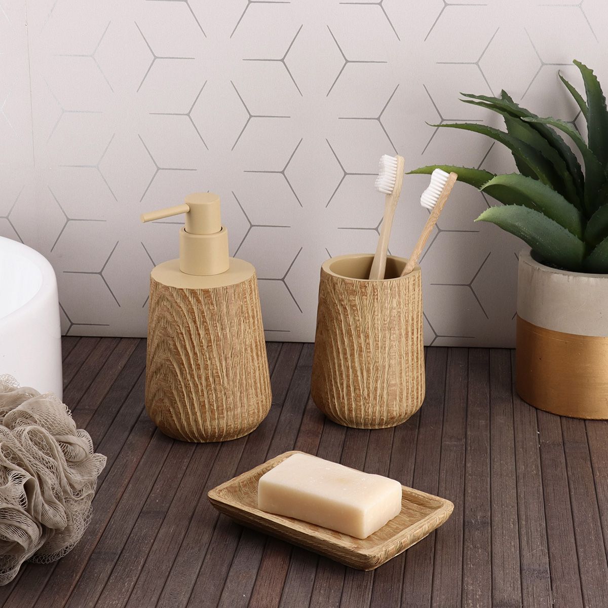 Distributeur a savon en polyresine effet bois 350ml - naturel - Tendance - 3