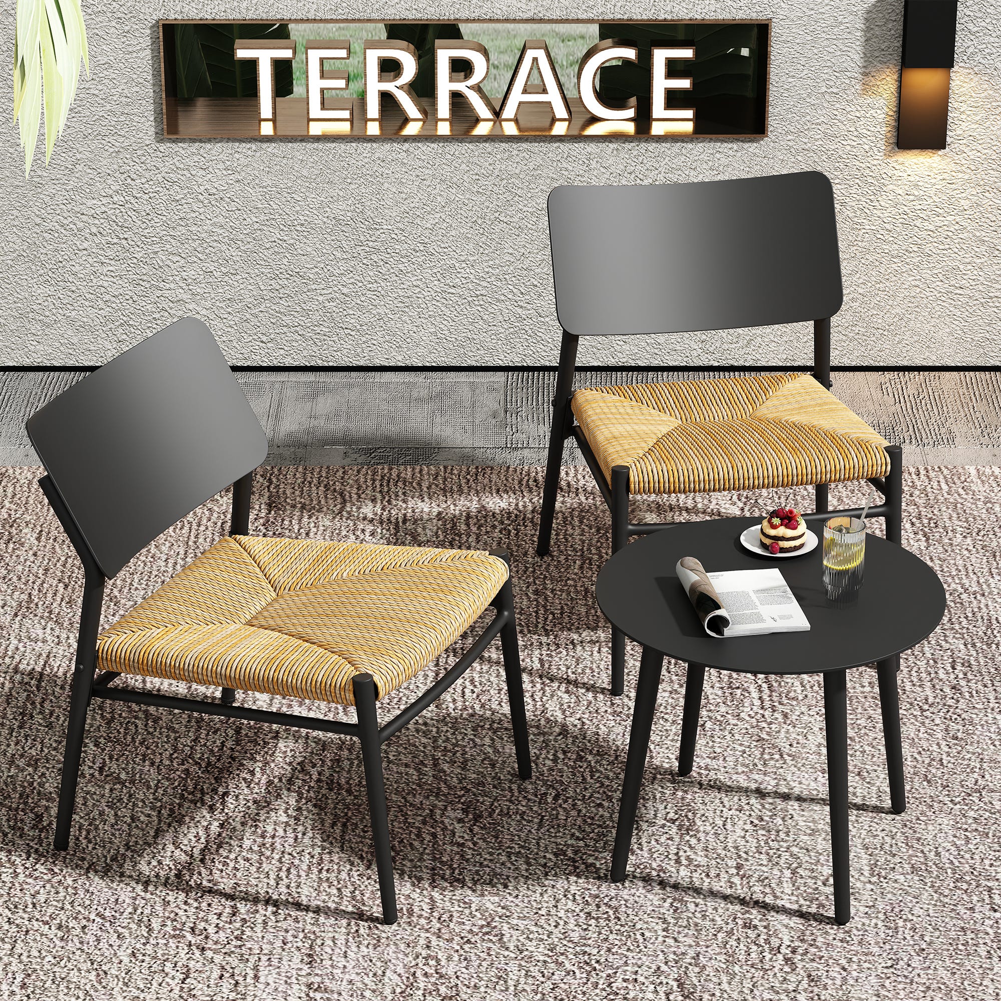 Juego De Muebles De Balcón 3 Piezas - Mesa Y 2 Sillas Plegables, Acero Con Aspecto Madera, Resistentes Al Clima