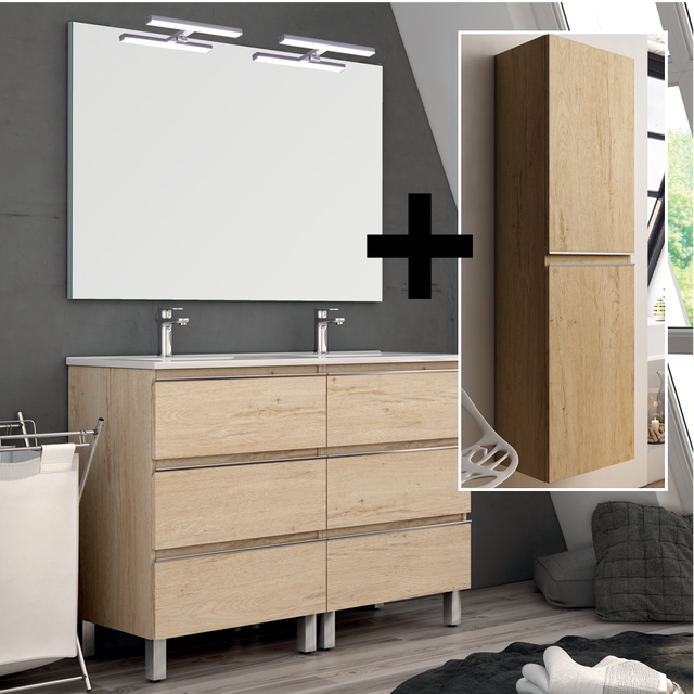 Ensemble meuble de salle de bain 140cm double vasque + colonne de rangement PALMA - bambou (chêne clair)