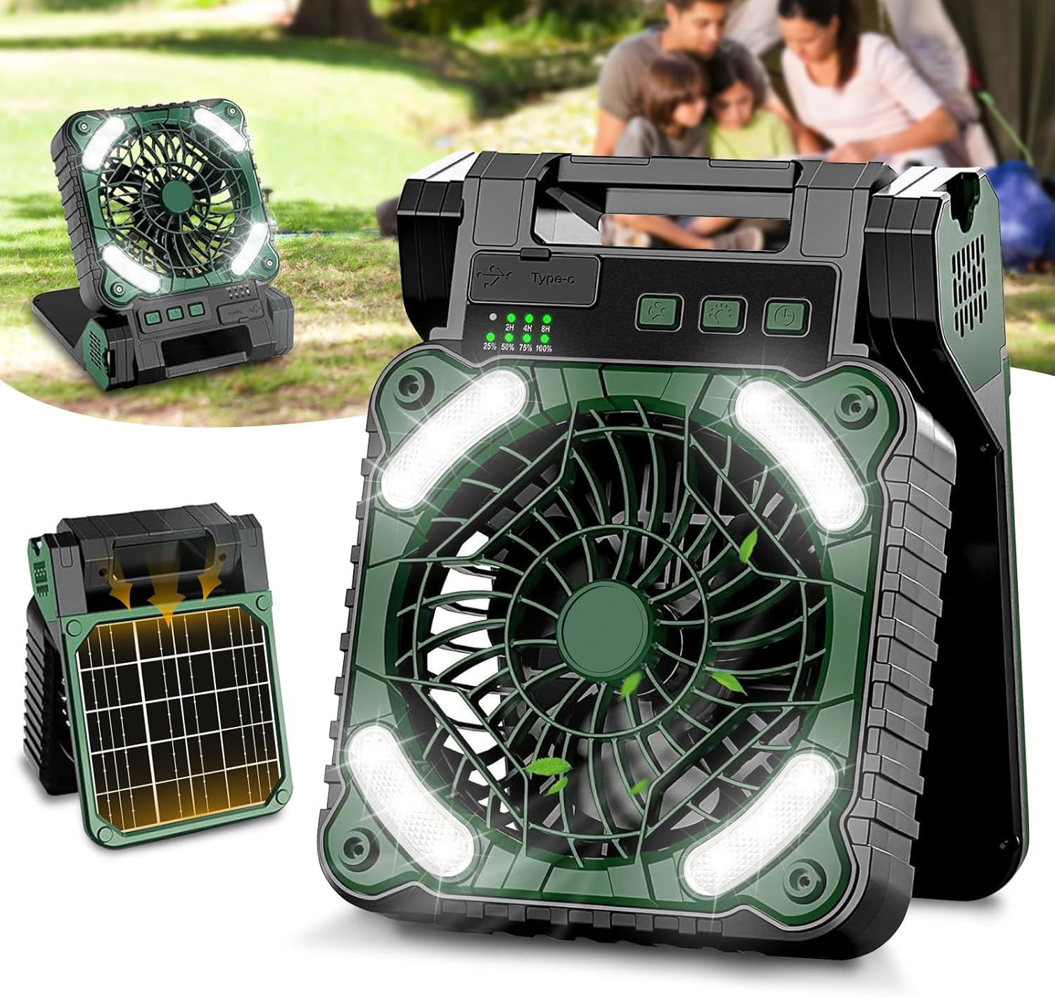 Wentylator solarny wentylator kempingowy z możliwością ładowania mAh przenośny wentylator do namiotu ze światłem LED timerem prędkościami wentylator