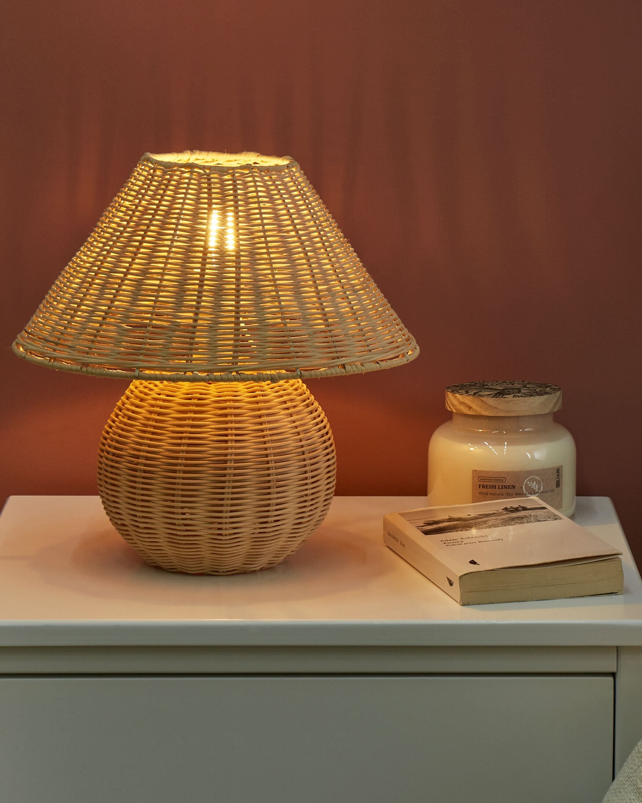 Onli Lampada Da Tavolo Cestino In Rattan E Legno | Stile Rustico Shabby Chic | Abat-jour Per Camera Da Letto | Diametro 20cm H40cm - 4