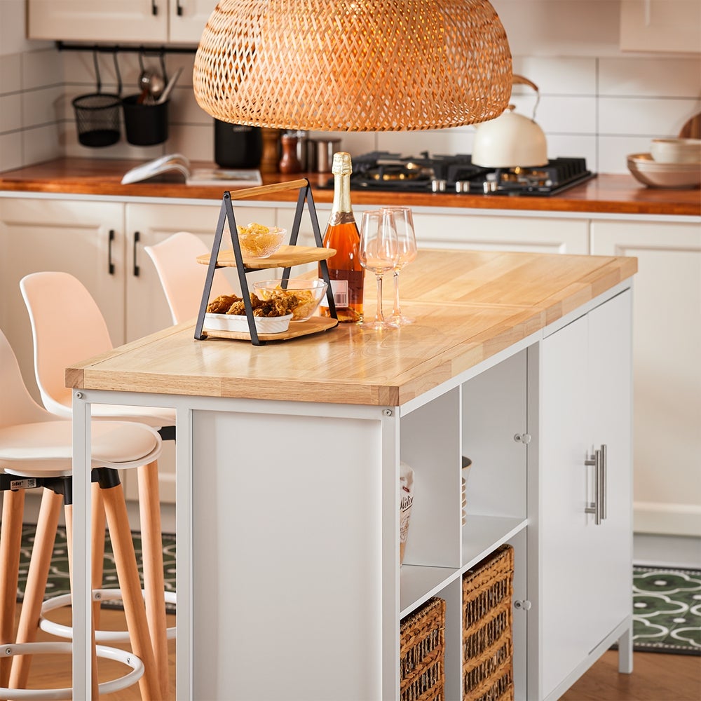 SoBuy îlot Central de Cuisine avec Plan de Travail en Bois d'hévéa,Placard de Cuisine avec 2 Portes, 4 Cubes Compartiments, Blanc, KNL09-WN - 9