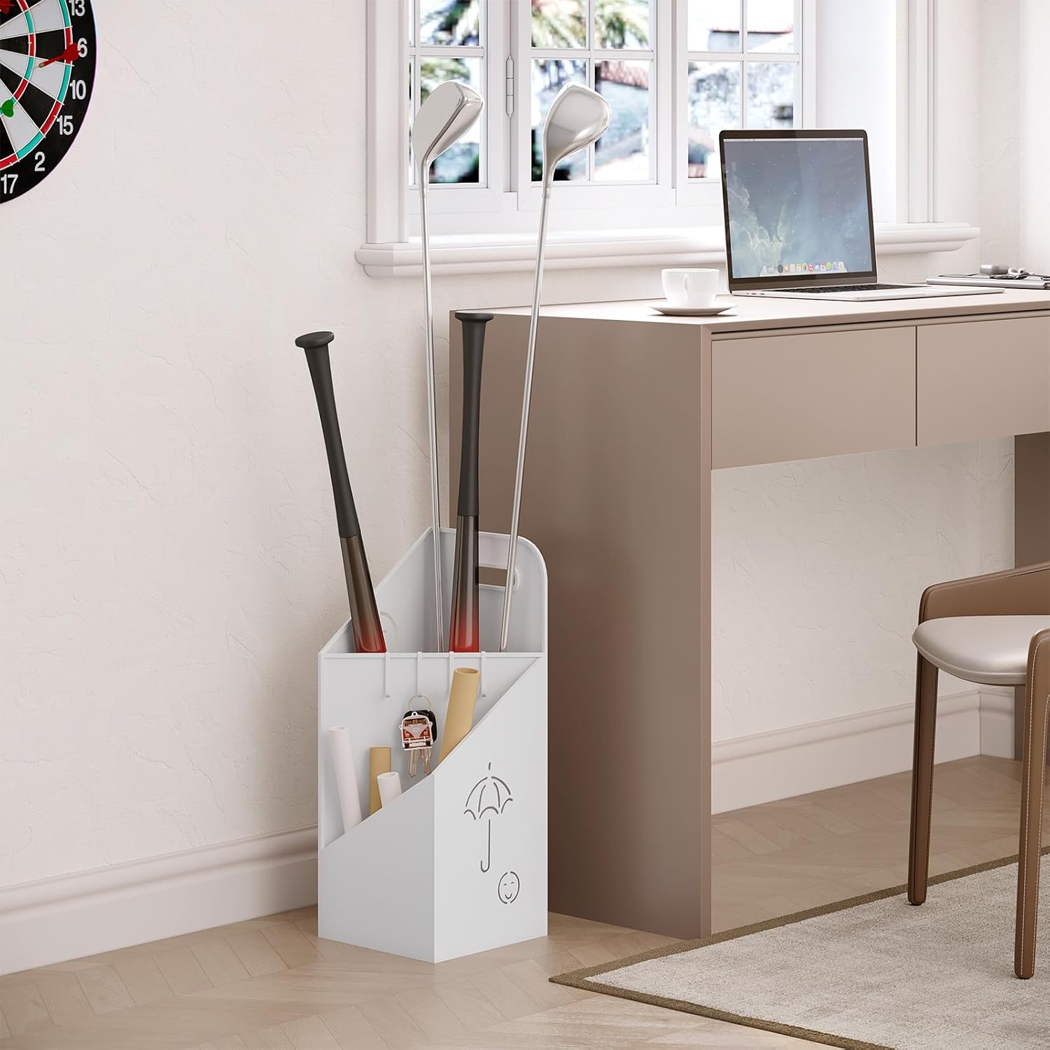 Porte-Parapluie avec 4 Crochets WOLTU, Porte-Parapluie avec 2 Zones Séparées en Métal Antirouille, Blanc - 5