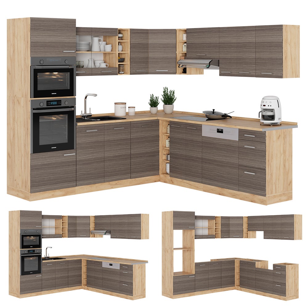 Vicco Cuisine en angle R-Line, Gris noble/Chêne de force doré, 247 x 237 cm, PT Chêne - 7