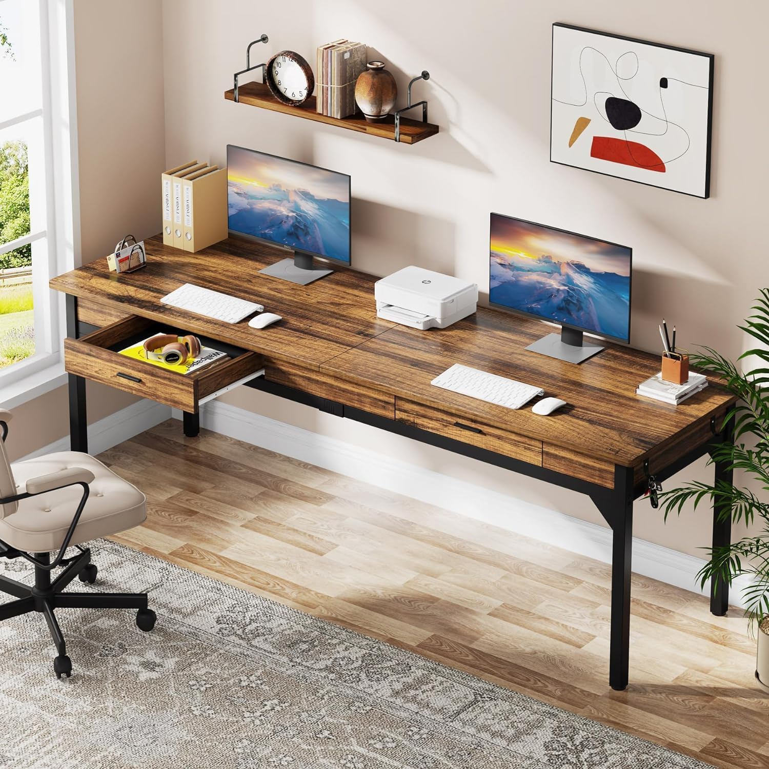 Bureau double 200cm de long table d'ordinateur avec 2 tiroirs, bureau, table de bureau - 6
