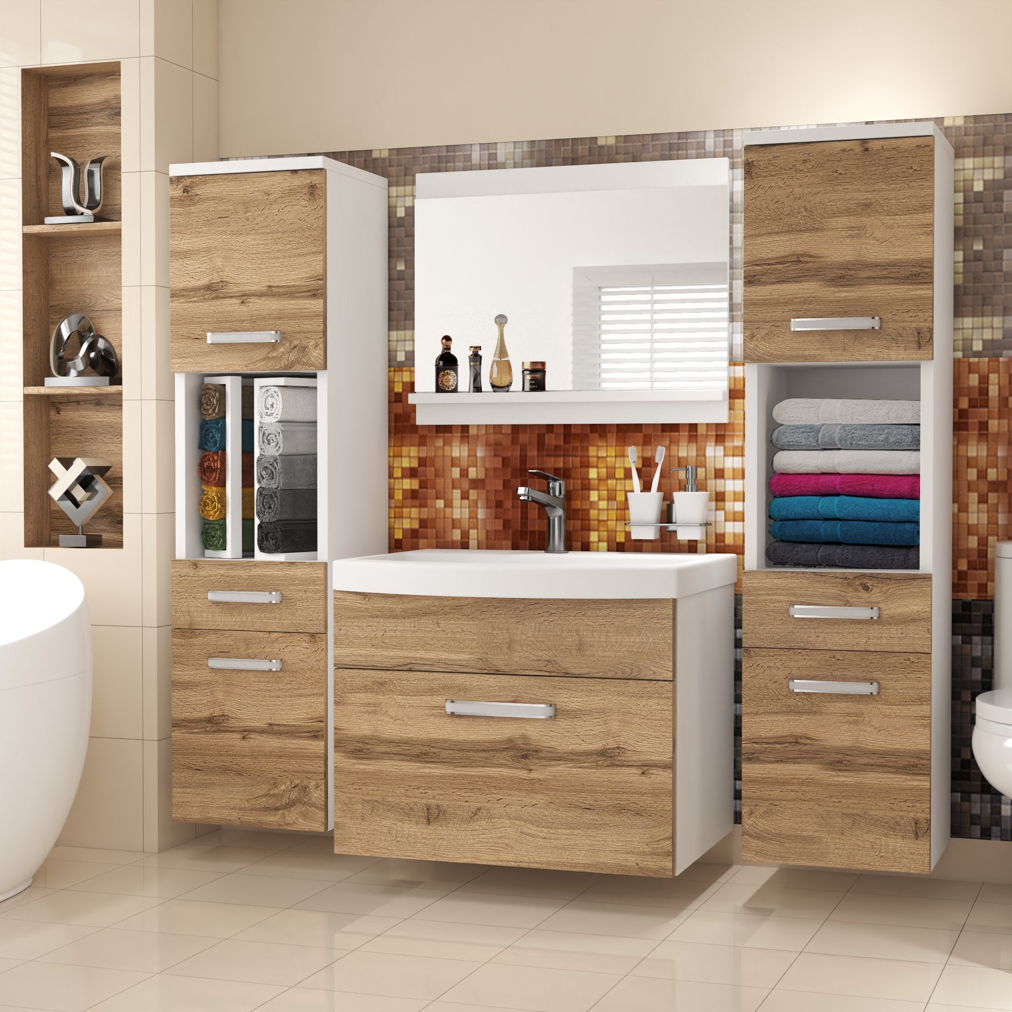BELINI Meuble de Salle de Bain PRI M6 - 120 cm. Brun Doré Mat, Ensemble Complet Suspendu Meuble Sous Vasque avec Miroir - 2