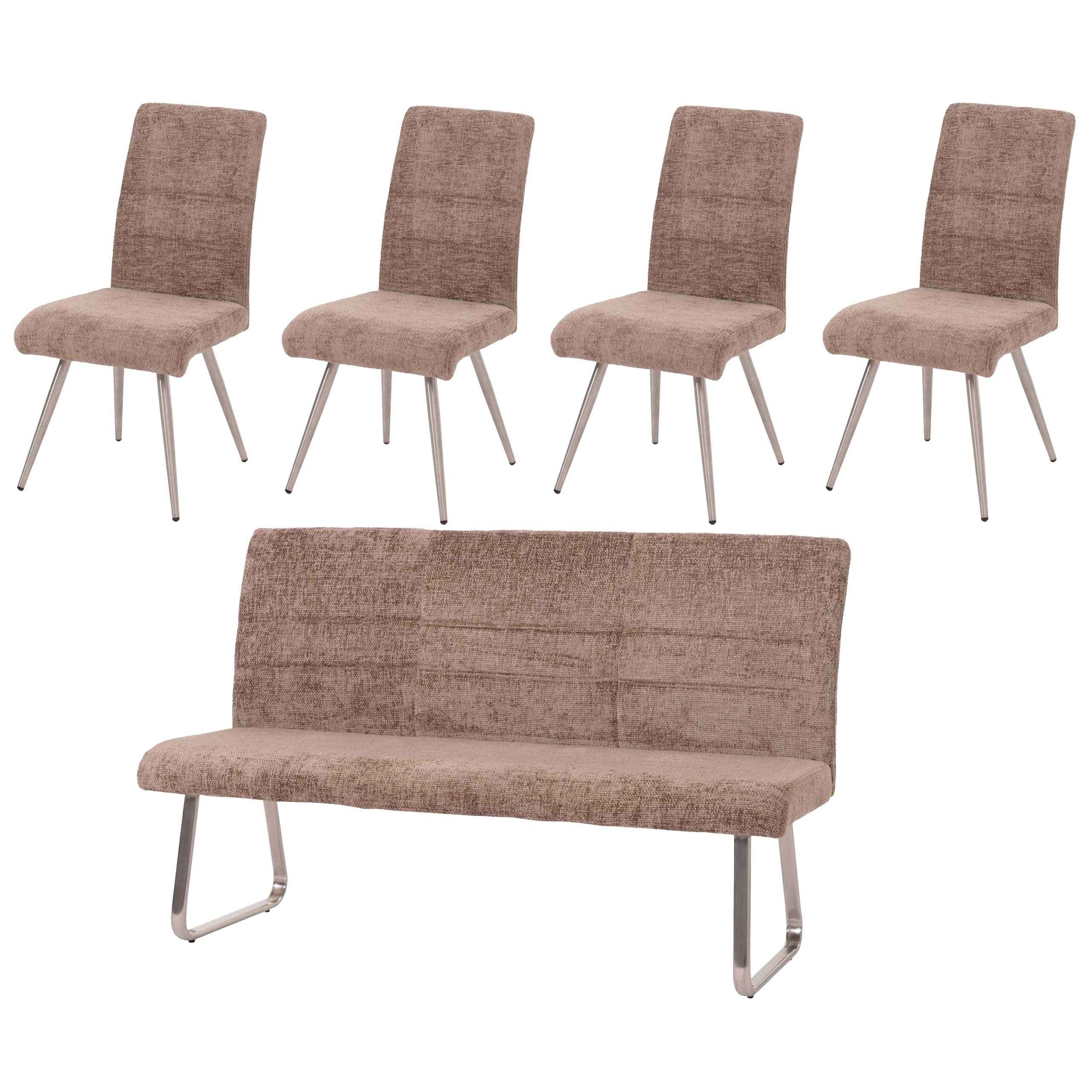 Zestaw do jadalni HWC-G55, zestaw 4 krzeseł + ława 180cm, stal nierdzewna szczotkowana tkanina/tkanina szenilowa ~ brązowy