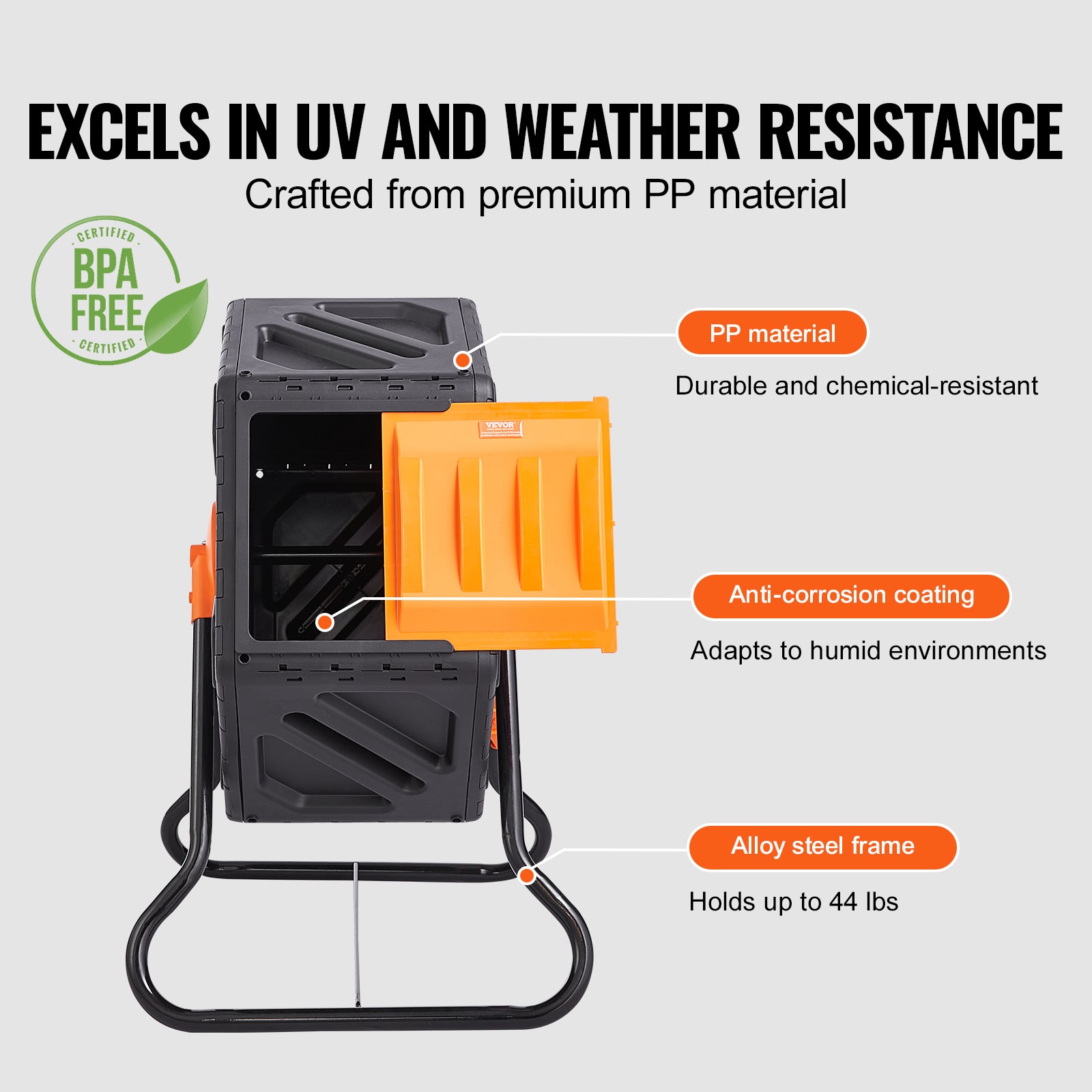 Composteur de Jardin Rotatif VEVOR 70 L Bac à Compost Rotatif 360° en PP et Acier sans BPA Charge 20 kg Chambre Unique pour Compostage des Déchets - 4