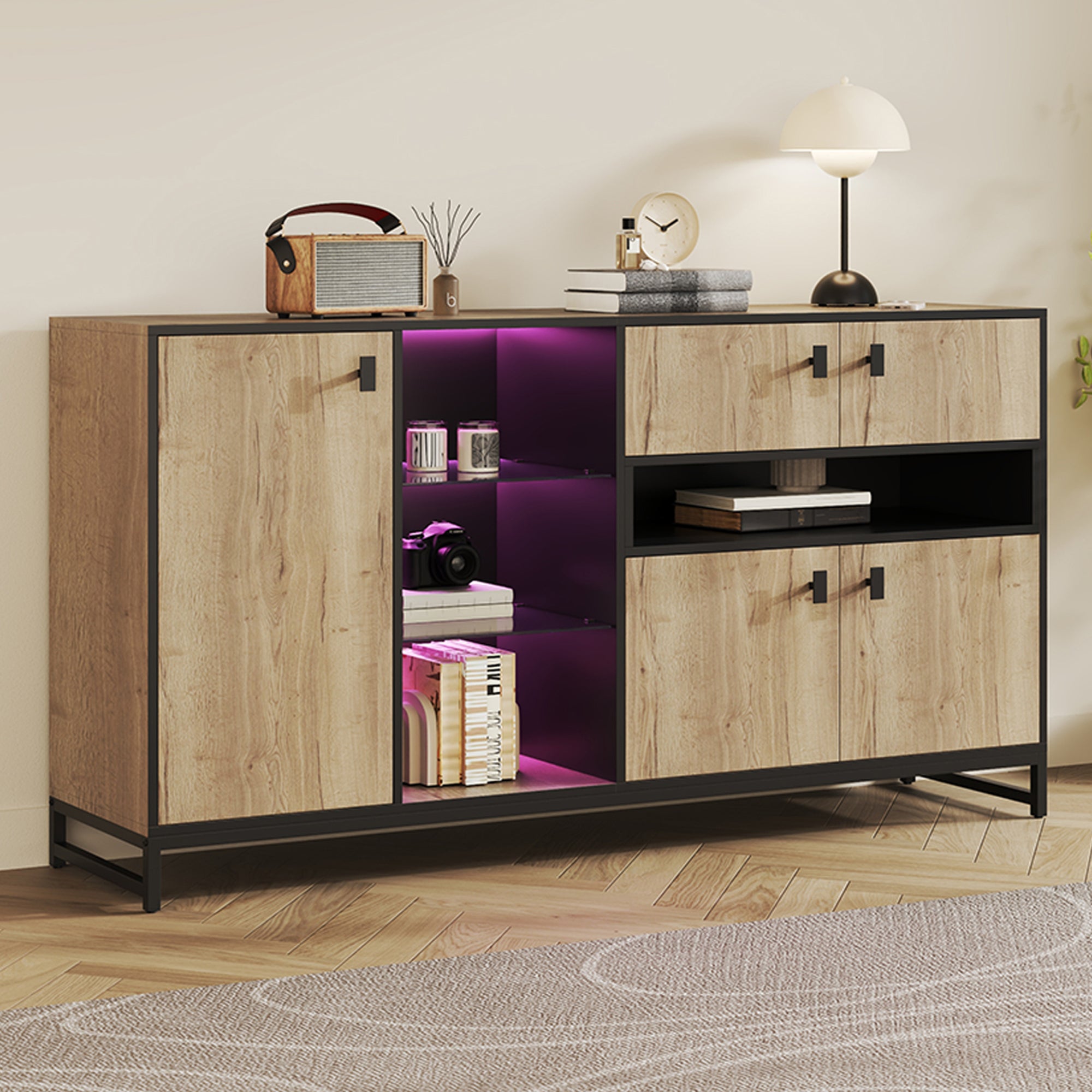 Armario moderno minimalista: doble puerta, estantes, cristal y separadores ajustables. ideal para salón, comedor y oficina.
