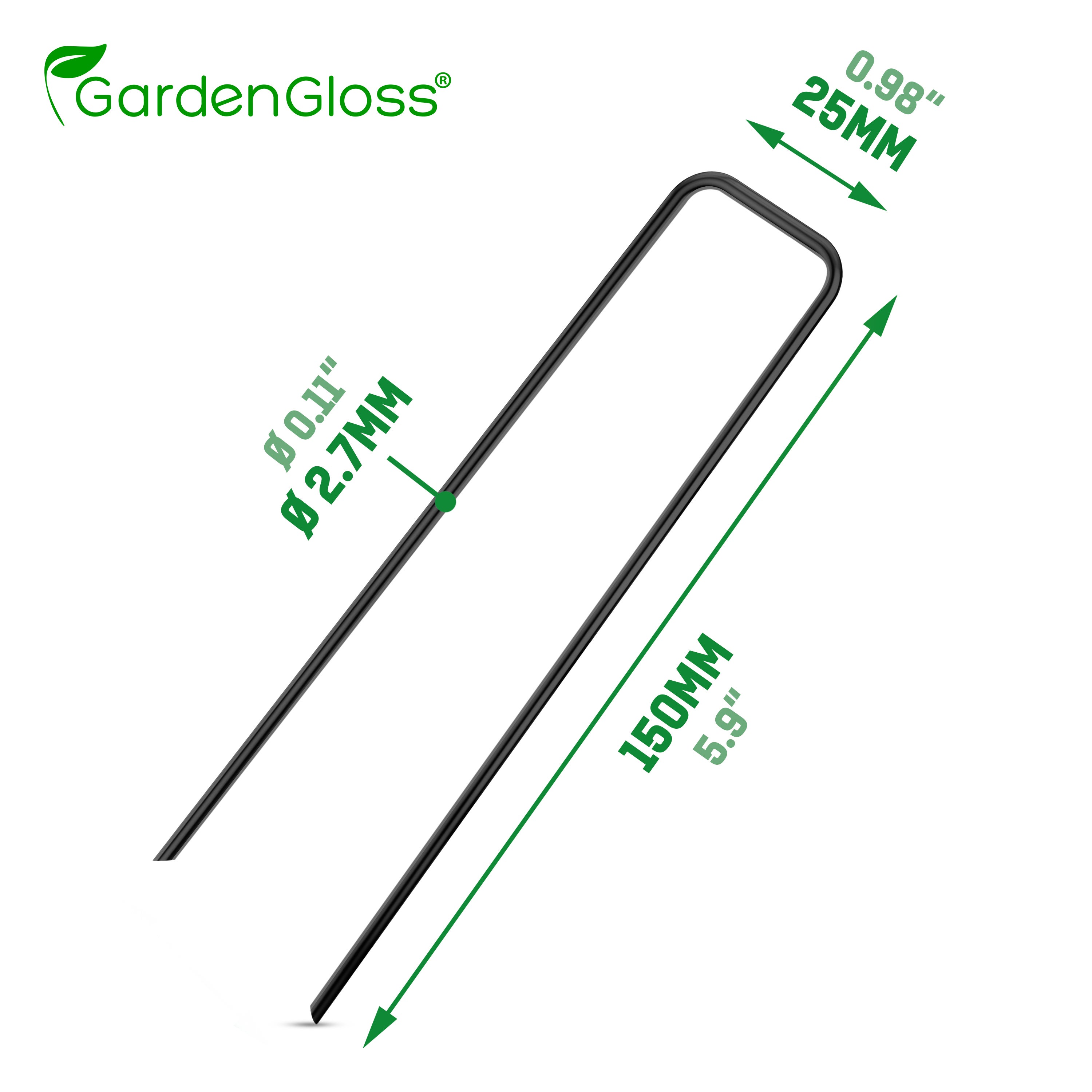 GardenGloss Piquets de fixation en acier (25 Pièces) - Pour Toiles de Paillages et de Jardinage - 150 mm de long, 25 mm de large, Ø 2.7 mm - 7