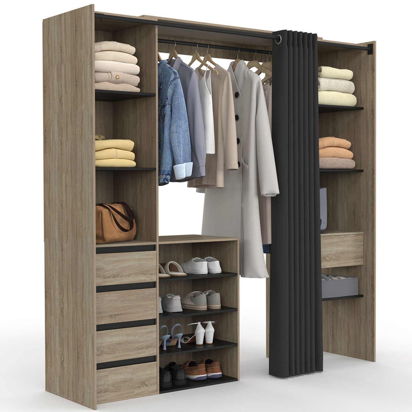 Dressing extensible double XXL MERYL 120/180 cm hêtre avec tiroirs + étagères + penderie + rideau noir - 2