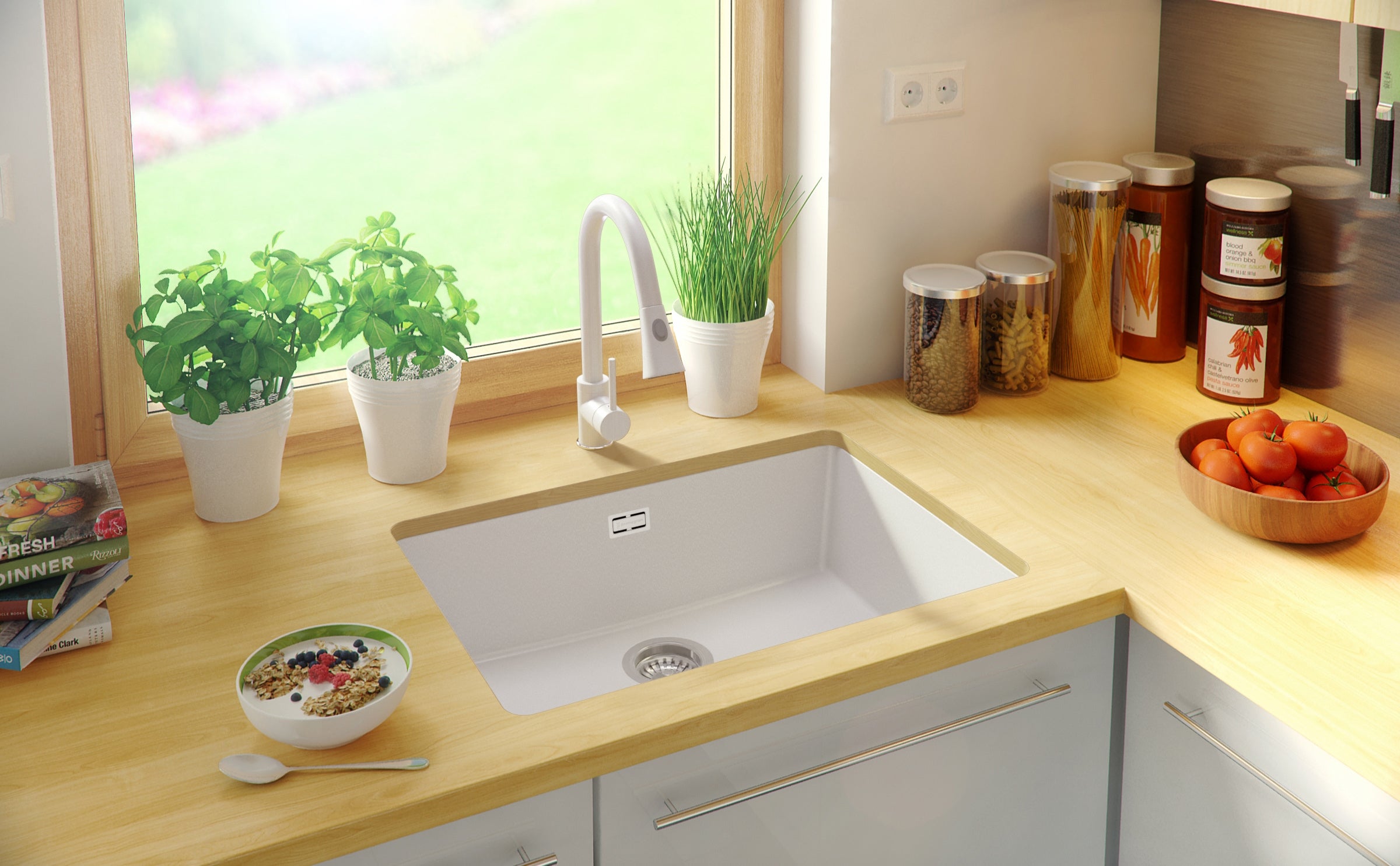 Lava-louça de encastrar Branco 66x47cm, Pia de Cozinha 1 cuba + Kit de drenagem, Pia em Granito em armários de 70cm - Londres Duplo PRIMAGRAN - 9