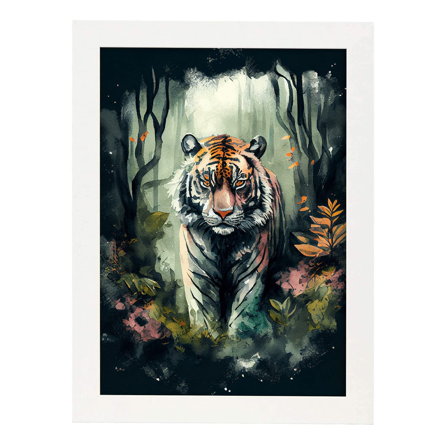 Nacnic poster de tigre en estilo acuarela ilustraciones a todo color de animales salvajes en la naturaleza y modelo 3 a3 con marco blancos