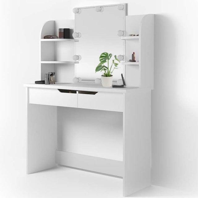 Set Scrivania Trucco Con Specchio Luci LED E Sgabello - Tavolo Toeletta Compatto Con Cassetti, Bianco