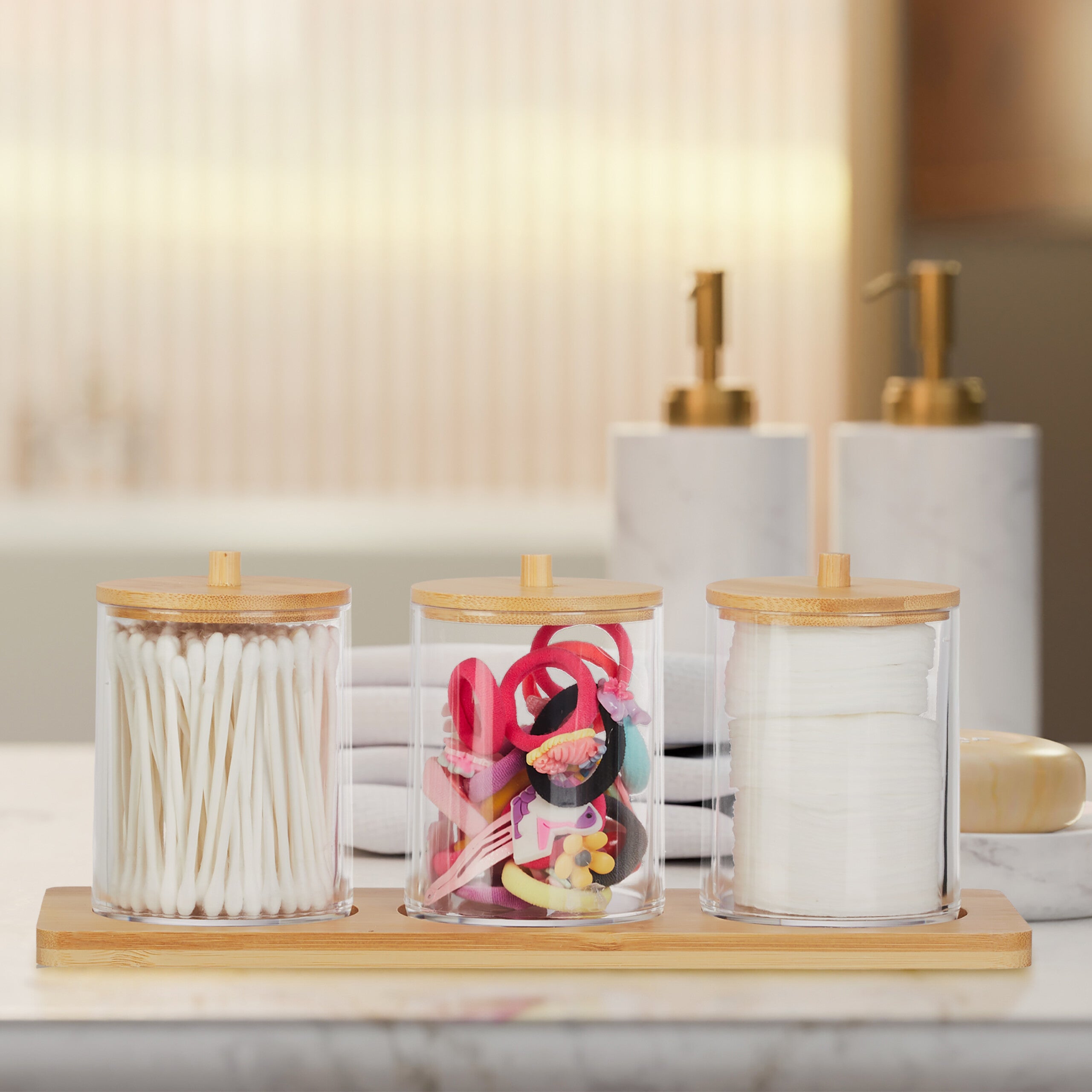 Set 3 Pots à Cotons-Tiges Relaxdays - Bambou Et Plastique, Avec Tablette, Rangement Salle De Bain Hygienique