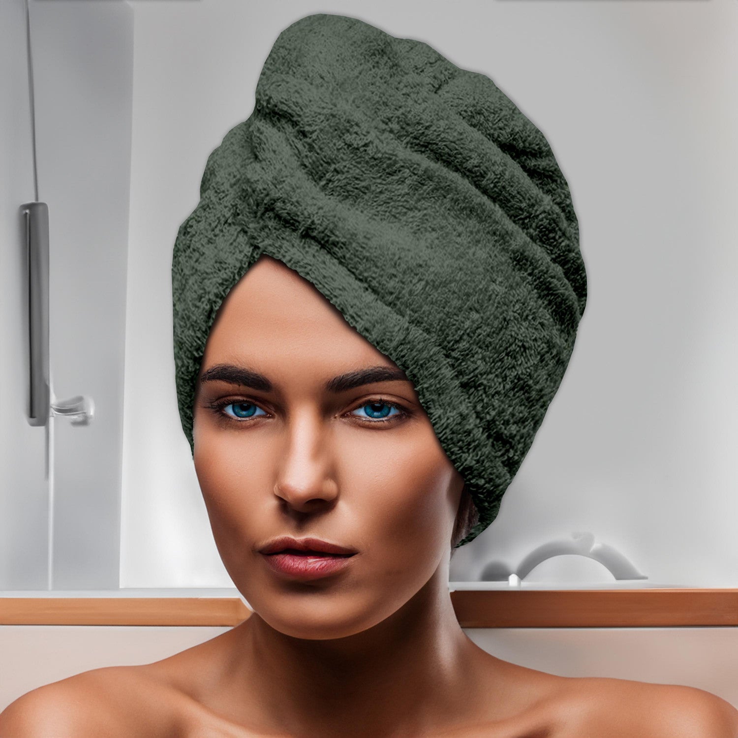Serviette De Bain Pour Cheveux En Coton 24x62 Cm - Ultra Absorbante - Coloris Lagune Kaki - OEKO-TEX - 8