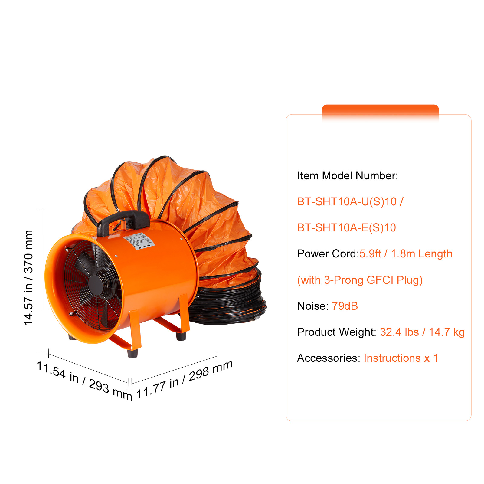 Ventilateur portatif 254mm, robuste avec tuyau 10 m, soufflerie 255 W 1720 CFM, extraction de poussière et fumée, ventilateur industriel SucceBuy - 9