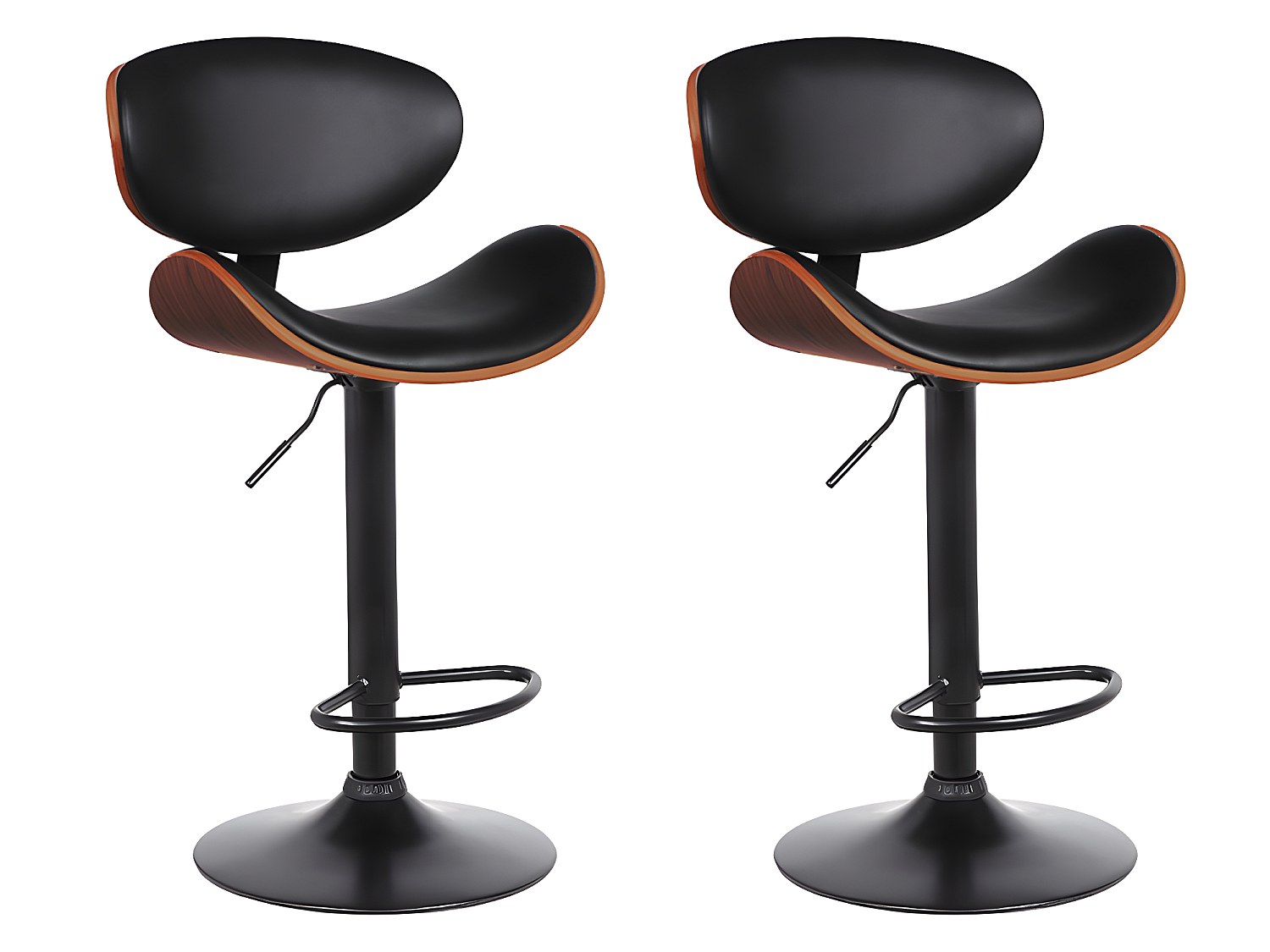Zestaw 2 stołków barowych MONTENEGRO – regulacja wysokości – skóra syntetyczna – kolor orzechowy i czarny – podstawa w kolorze czarnym