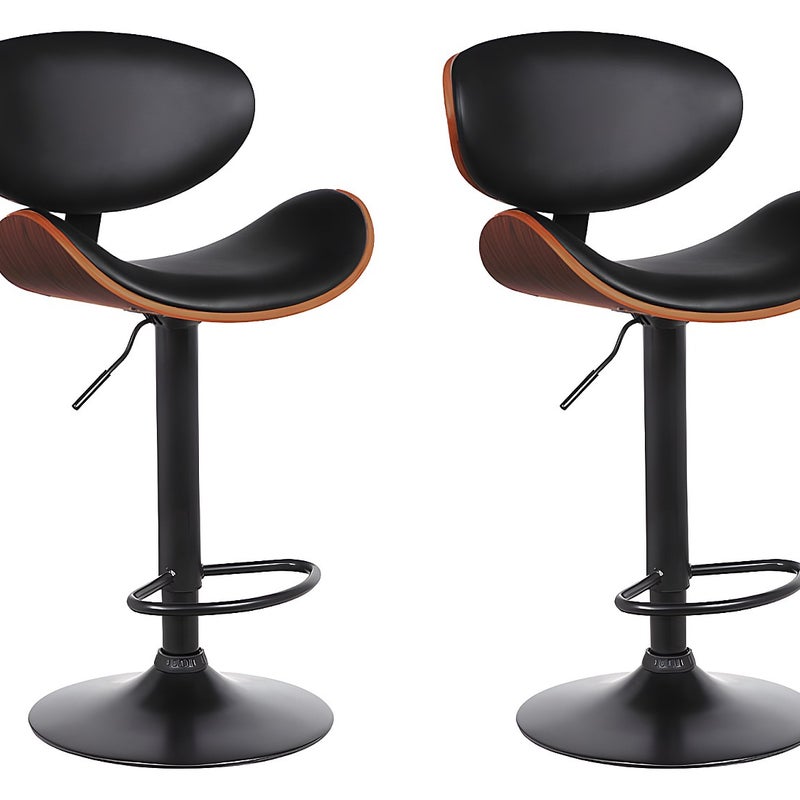 Zestaw 2 stołków barowych MONTENEGRO – regulacja wysokości – skóra syntetyczna – kolor orzechowy i czarny – podstawa w kolorze czarnym