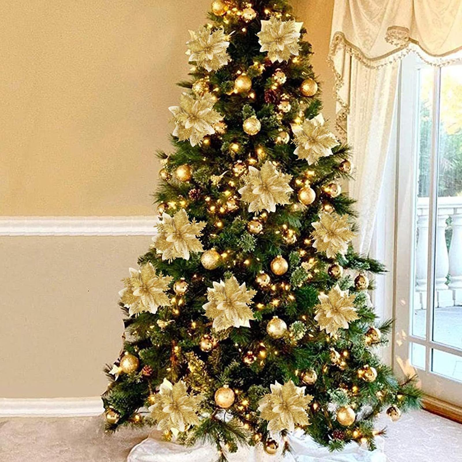 50 pièces décorations de noël, fleurs de noël artificielles avec clips, guirlande d'arbre de noël scintillante pendentifs de fleurs artificielles - 2
